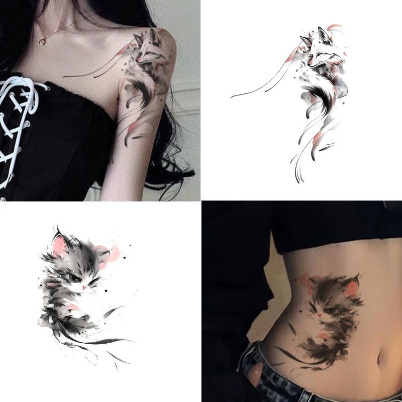 Chinese Style Ink Nine-Tailed Fox Tattoo Stickers, Hand-Drawn Cat Cool Trendy Girl Arm Collarbone Waterproof Tattoo Stickers