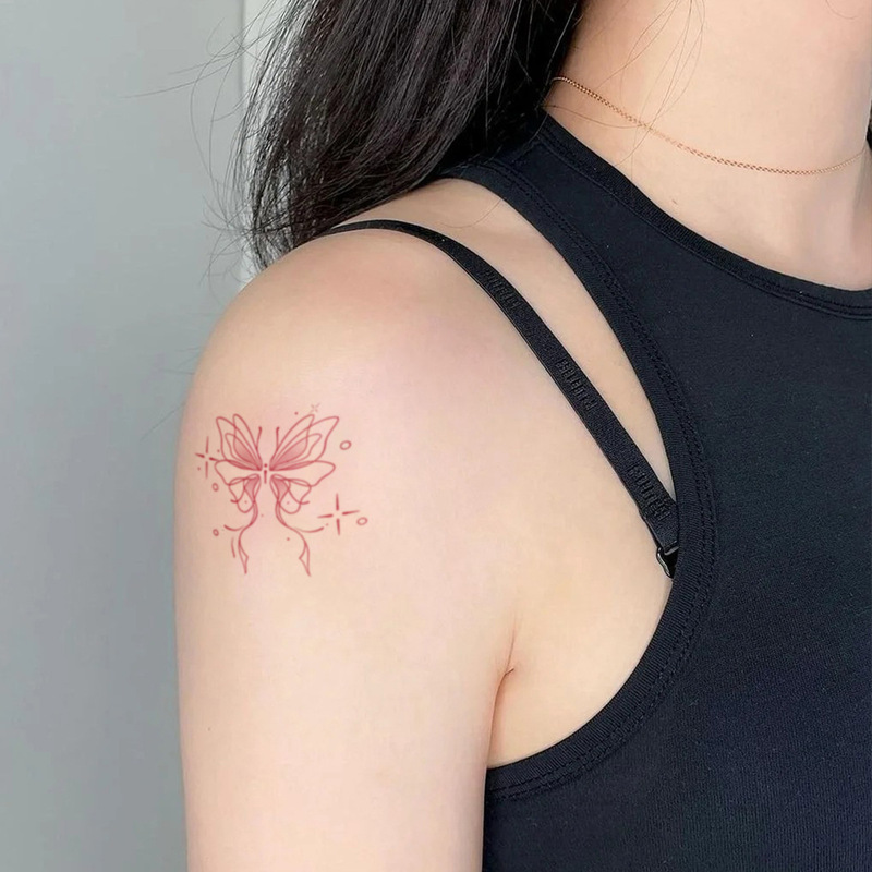 Niche Pure Desire Pink Line Butterfly Atmosphere-Themed Tattoo Stickers for Girls on Back, Neck, and Arms, Waterproof