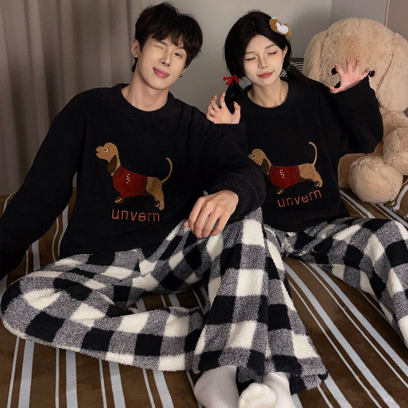 Couple's Pajamas for Women, Winter Coral Fleece, Thickened and Plush, Cute Dachshund Design, Men's Flannel Warm Loungewear for Winter