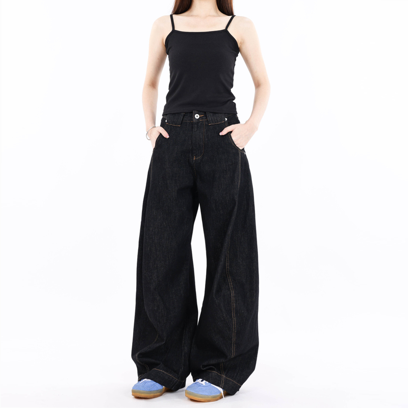 Free Sonata American-Style Scimitar Silhouette Deconstructed Original Color Vintage Jeans for Women Cleanfit Loose Wide-Leg