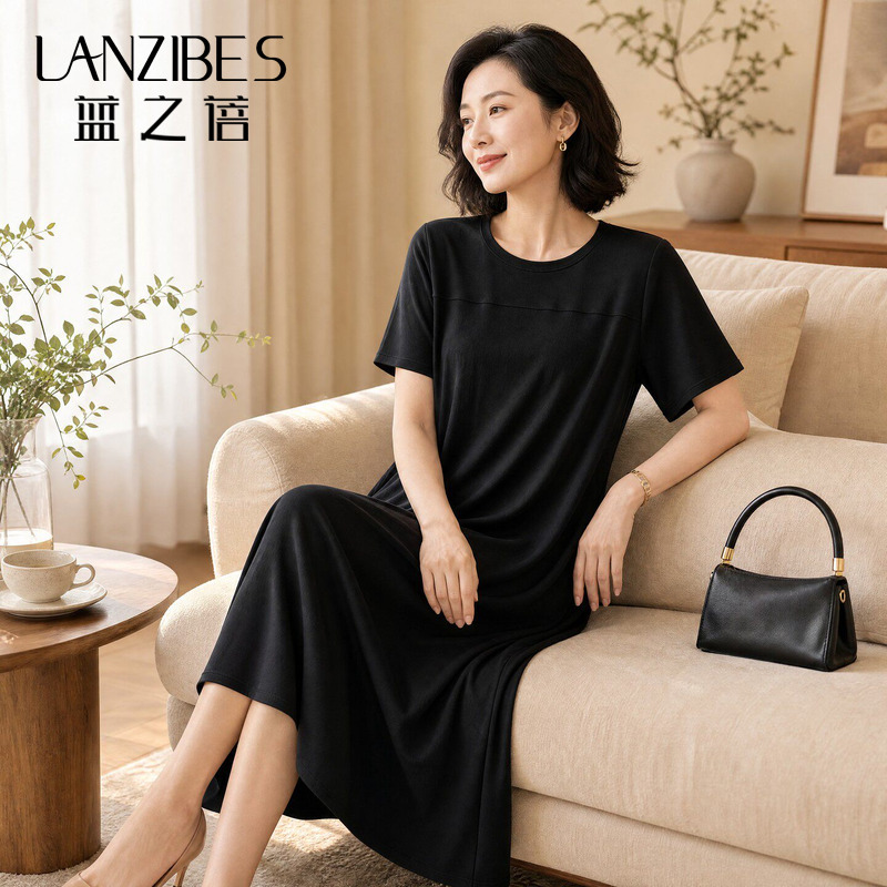 Lanzhibei Silk Twisted High-Grade Solid Color Round Neck Short-Sleeved Dress for Women Summer Mulberry Silk Simple Elegant Dress Lanzhibei Silk Twisted High-Grade Solid Color Round Neck Short-Sleeved Dress for Women Summer Mulberry Silk Simple Elegant Dress