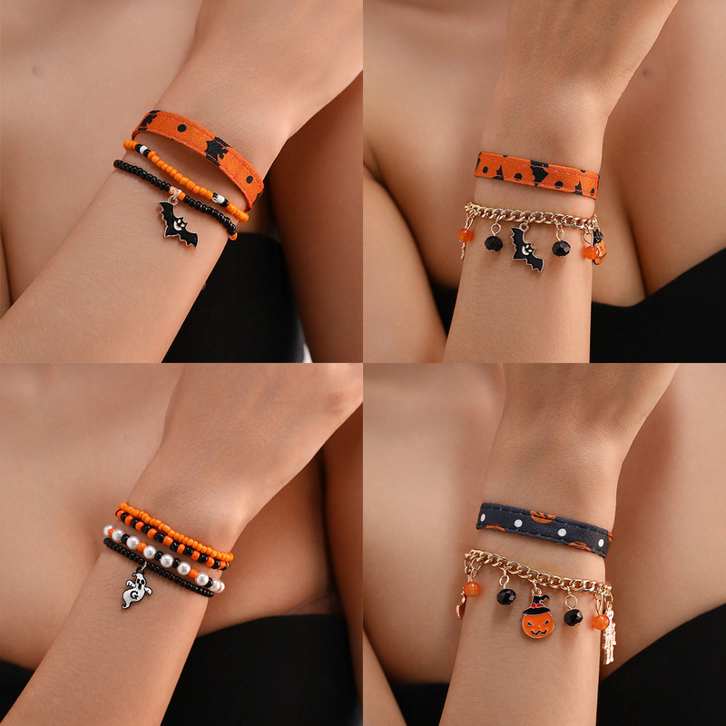 Bz1904 Cross-Border European and American Halloween Bracelet for Girls, Seed Bead Metal Leather Style, Pumpkin, Bat, Ghost Jewelry Bz1904 Cross-Border European and American Halloween Bracelet for Girls, Seed Bead Metal Leather Style, Pumpkin, Bat, Ghost Jewelry