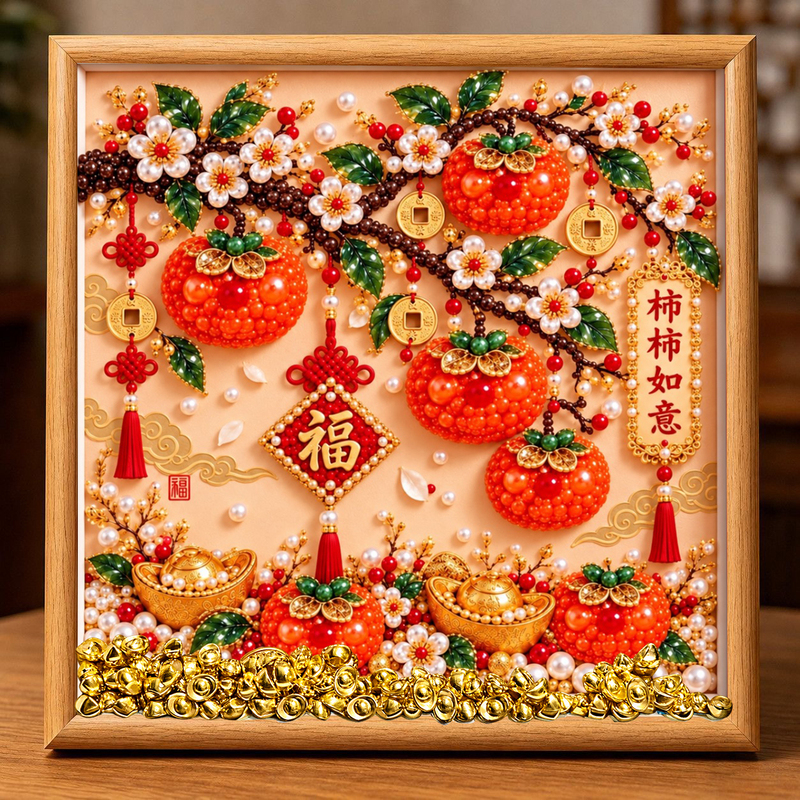 New DIY Pearl Painting Series, Persimmon-Themed, Self-Adhesive Diamond Painting, High-Value Photo Frame, Tabletop Decoration Gift