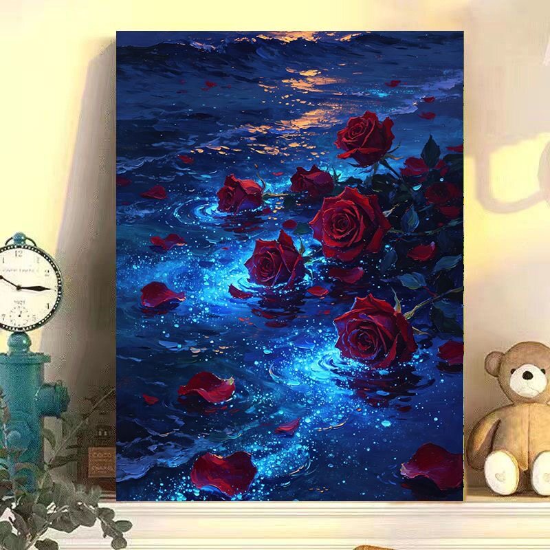 diy数字油画蓝眼泪红玫瑰系列手工填充填色油画解压治愈装饰挂画