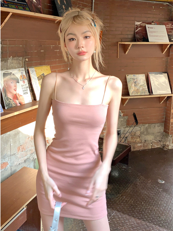 Pink Pure and Alluring Style Sexy Spaghetti Strap Dress for Women, Summer Elegant Slim Fit Bodycon Dress with Built-In Lining