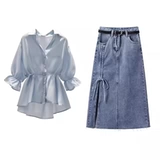 Летний комплект, рубашка, джинсовая юбка, большой размер, подходит для полных девушек, V-образный вырез