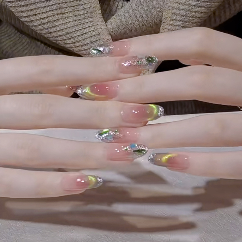 Spring and Summer Fresh Mint Mambo Green Cat Eye French Handmade Wearable Nail Art with Sparkling Crushed Diamonds Dopamine Patches