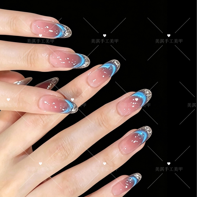 Purely Handmade Dopamine Blue Cat-Eye Press-On Nails, Blue Tears French Style with Crushed Diamonds, Dazzling Sparkle, 2026 New Model with a High-End Feel
