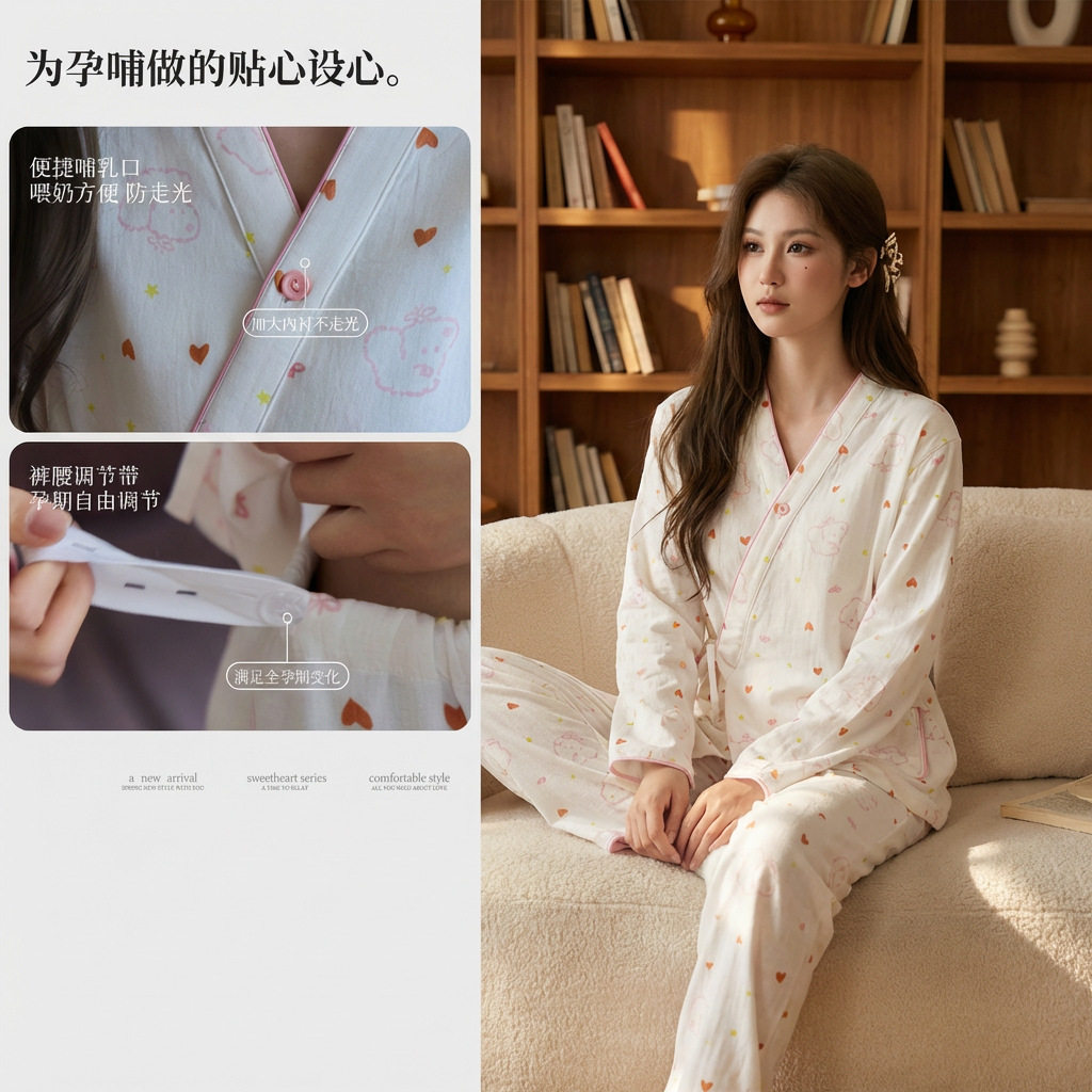 全棉进口新款纯棉纱布可爱泰迪月子服套装薄款孕妇产后哺乳睡衣套 — 11