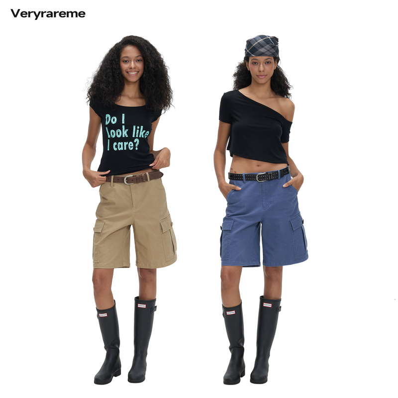 Veryrareme Vintage Workwear Mid-Waist Five-Point Pants in Blue and Khaki with Three-Dimensional Pockets and Straight Cut Veryrareme Vintage Workwear Mid-Waist Five-Point Pants in Blue and Khaki with Three-Dimensional Pockets and Straight Cut