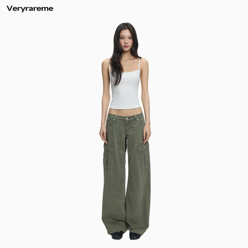 Veryrareme Low-Waist Washed Workwear Wide-Leg Pants with Large Pockets