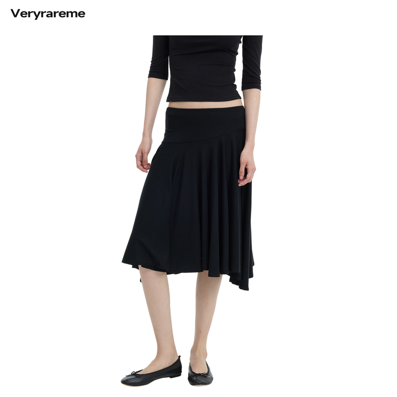 Veryrareme Lyocell Low-Waisted Irregular Hem Pleated Mid-Length Skirt