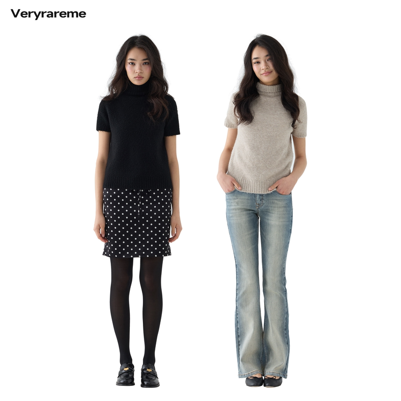 Veryrareme Wool Knitted Turtleneck Short-Sleeved Sweater