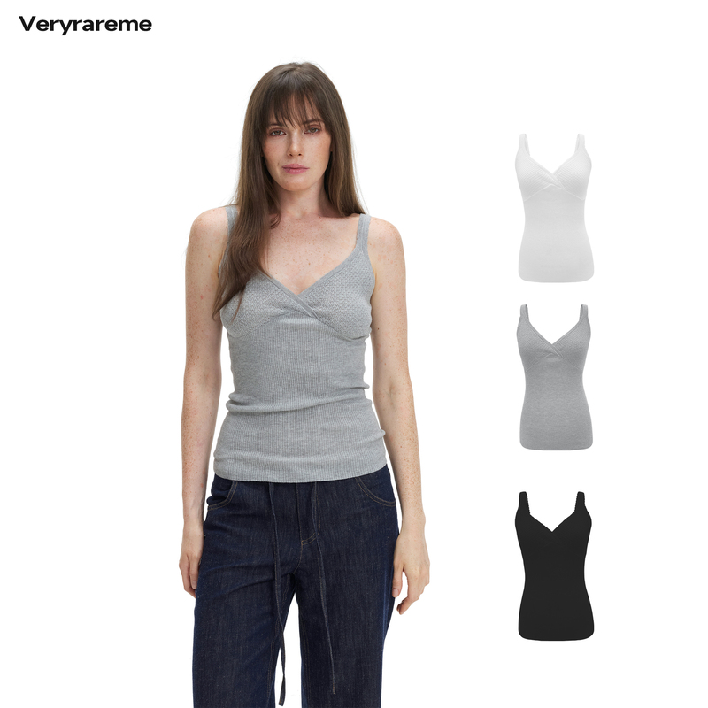 Veryrareme Solid Color Knitted Camisole Cross-Over Chest Wrap V-Neck Textured Base Tank Top
