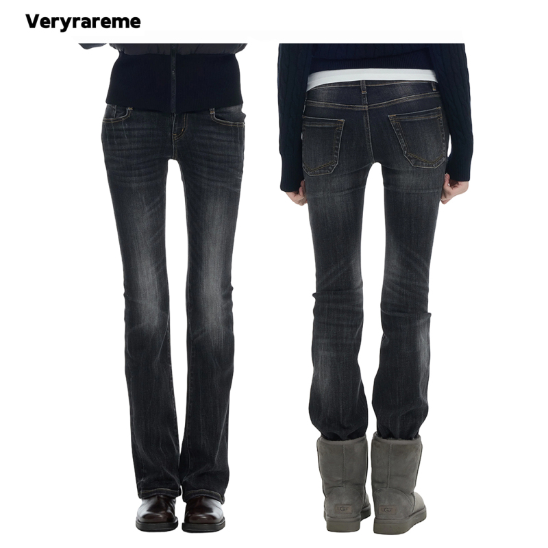 Veryrareme Low-Waisted Bamboo Pattern Retro Washed Stretchy Bootcut Jeans