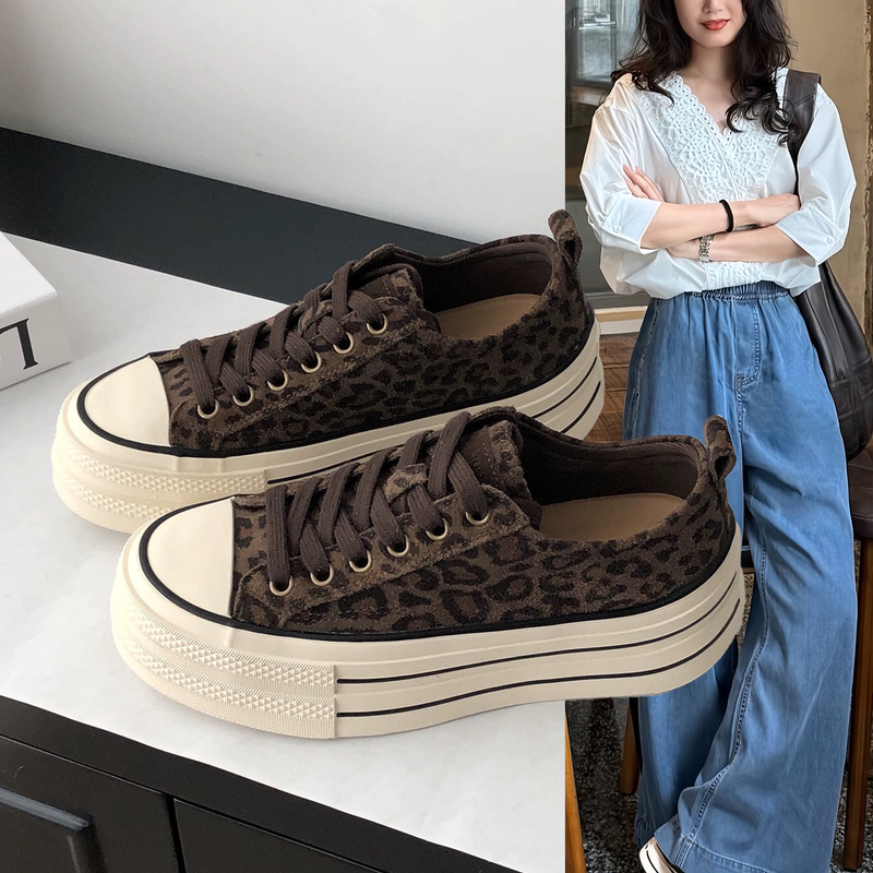 Hong Kong Genuine Leather Retro Thick-Soled Sneakers for Women 2026 Summer Breathable Round-Toe Versatile Leopard Print Fashion Sports Casual Shoes
