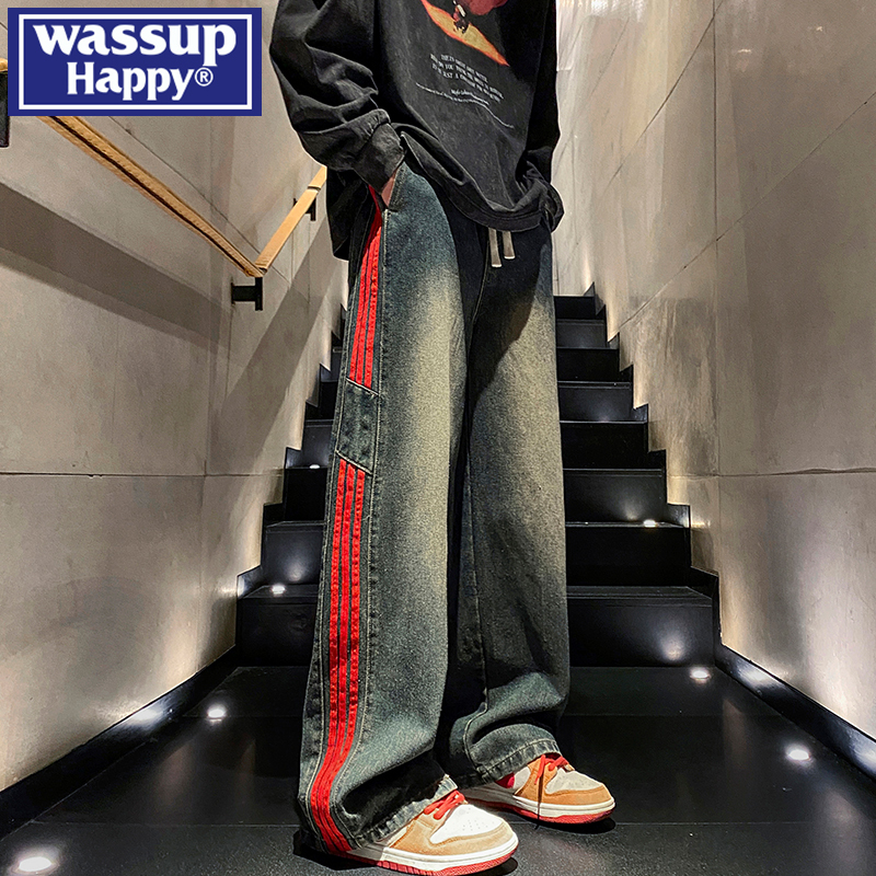 Wassup Happy Retro Blue Striped Jeans for Men, Spring and Summer Loose Straight-Leg Gradient American-Style Washed Pants