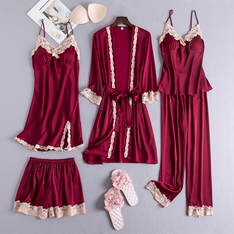 Victoria Ice Silk Pajamas Women's Five-Piece Set 2025 New Sexy Red Wedding Zodiac Year Camisole Nightdress Autumn