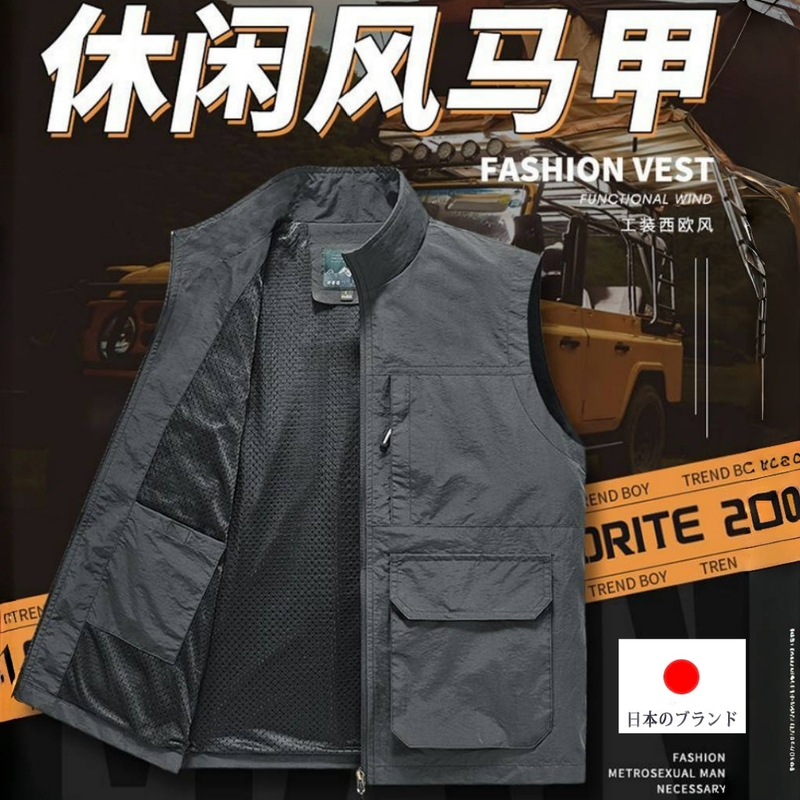 Japanese Jt Men's Vest Outerwear, Outdoor Casual Fishing Vest, Loose Multi-Pocket Thin Spring and Autumn Vest