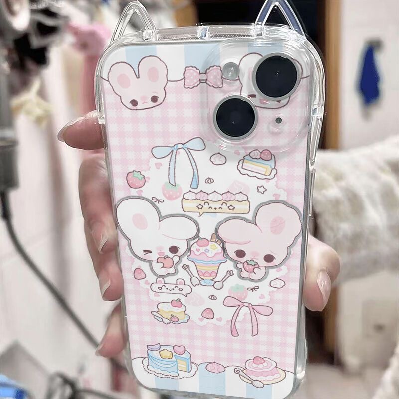 Dessert Twin Rabbit Cat Ears Phone Case for Apple 17 Pro Max iPhone 16 Slim Waist 15/13 Protective Cover 12 Pro Cute Women's Style 11 Transparent Soft Case XS Xr Full Protection Anti-Drop 78