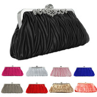 WOMEN LADY SATIN CRYSTAL BRIDAL HANDBAG Clutch Party Wedding