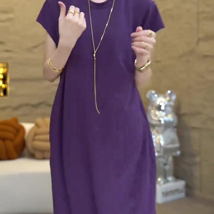European Goods 2026 Summer New Women's Loose Purple Short-Sleeved T-Shirt Dress Mid-Length Straight Skirt Trendy