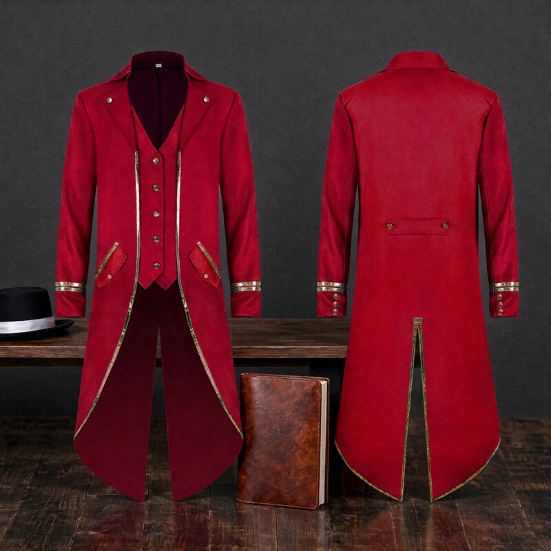 New Men's Clothing European and American Medieval Retro Red Tailcoat Fake Two-Piece Prom Dress Trendy Long-Sleeved Long Coat