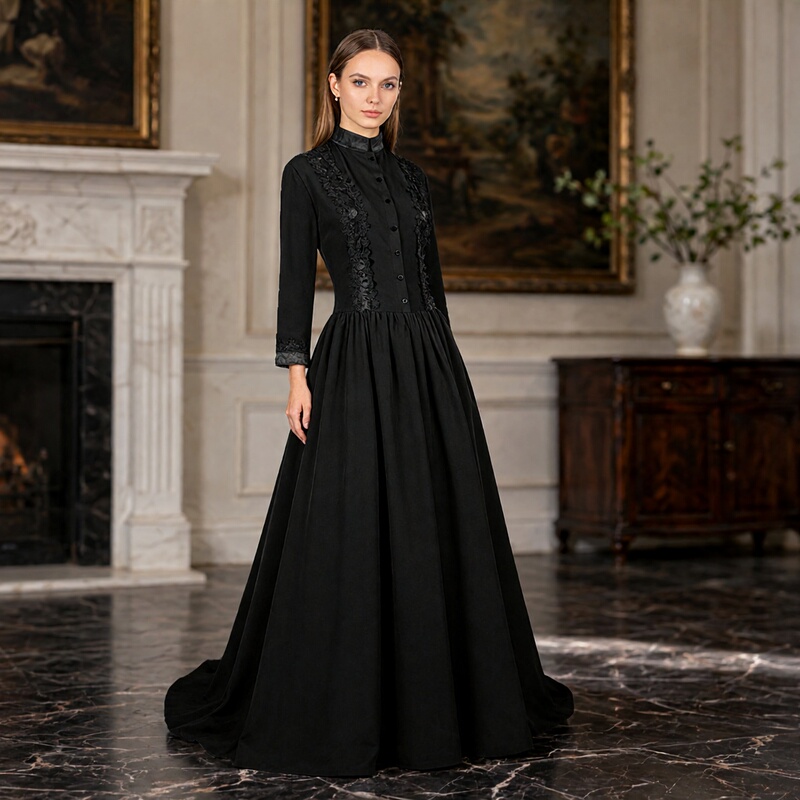 Spring and Autumn Women's New Medieval Stand Collar Dress Black Long Sleeve Slim Fit Vintage Waist Dress