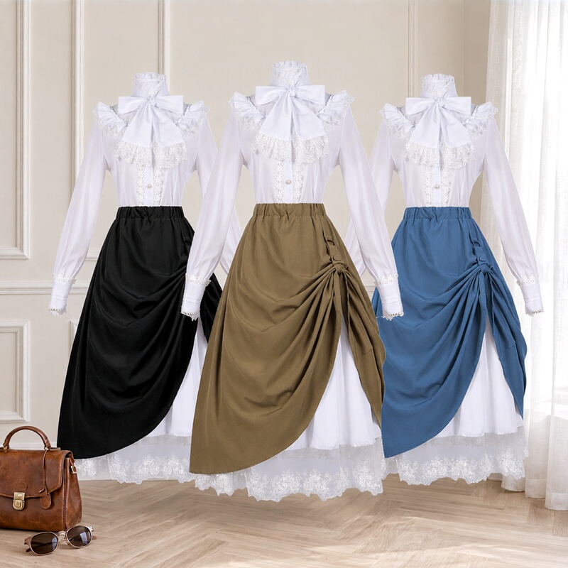 Victorian Shirt Women's Gothic Shirt Vintage Long-Sleeved Lotus Pleated Suit Ruffled Waist