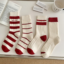 Ins style red striped letter embroidery versatile sports style mid-calf socks womens socks niche socks