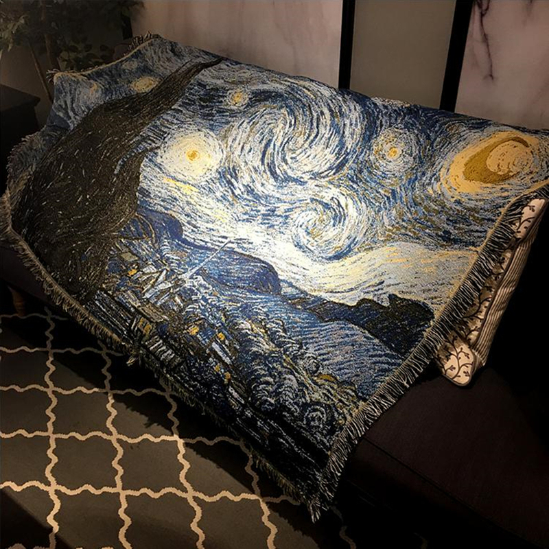 American Order Oil Painting Van Gogh Starry Night Blanket Decorative Throw Blanket Shawl Starry Sky Blanket Knitted Sofa Blanket Bedspread