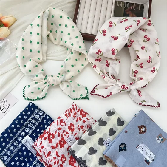 Silk Scarf for Women, Original Design, Cute Cat, Pure Cotton Square Scarf, Korean Style, Versatile, Sun Protection, Headscarf, Neck Protector, Spring and Summer