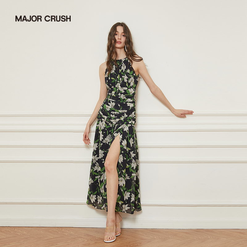 Major Crush Fashionable French Print Camellia Story Elegant Slimming Slit Long Dress 6114