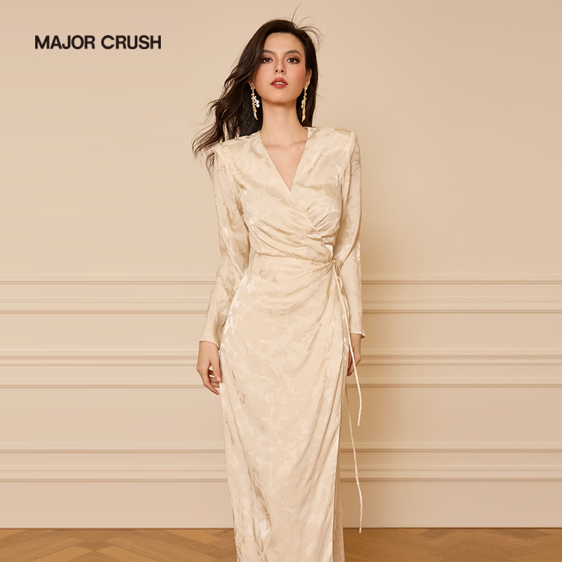 Major Crush French-Style Daytime Schumann Long-Sleeve Dress, Light Luxury, Elegant, Slim-Fitting One-Piece Wrap Dress 5361