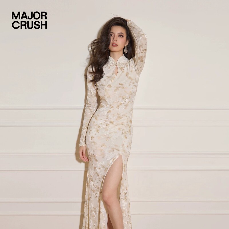 Major Crush White Jacquard Long-Sleeve/ Sleeveless Dress Slim Fit with Slit New Chinese Style Cheongsam 6907