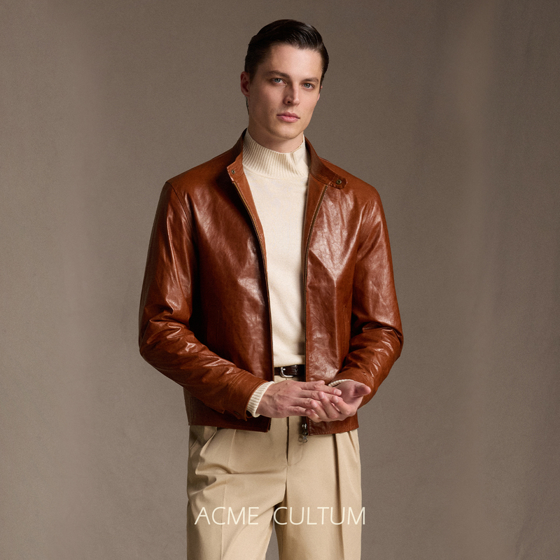 Acme Cultum Sheepskin Glossy Texture Straight Shoulder Stand Collar Short Genuine Leather Flight Jacket Men's Casual Coat Autumn Acme Cultum Sheepskin Glossy Texture Straight Shoulder Stand Collar Short Genuine Leather Flight Jacket Men's Casual Coat Autumn