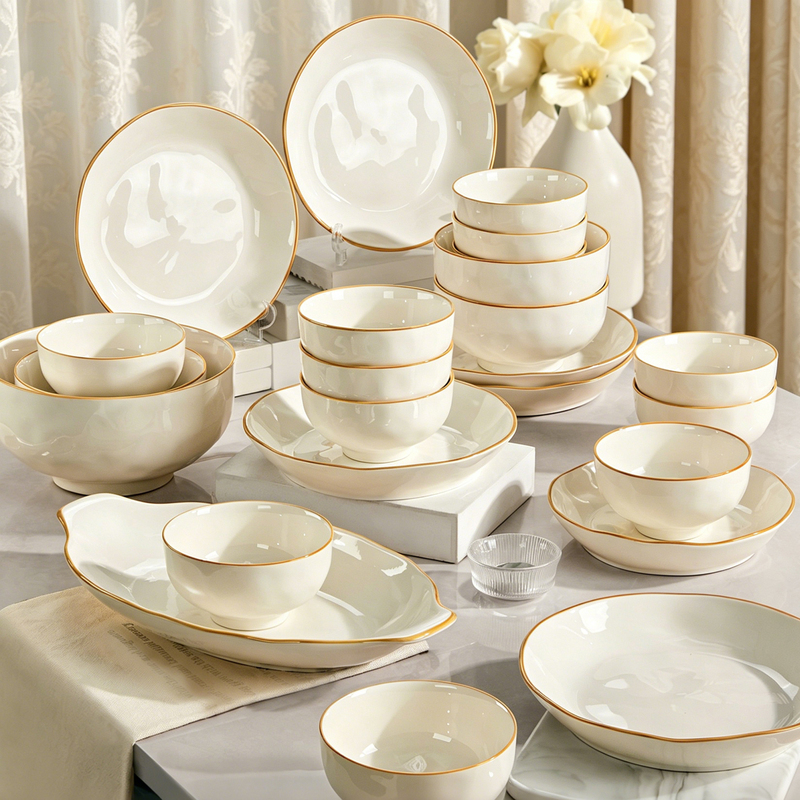 Ceramic Bowl and Plate Set for Home Use, Gold-Rimmed Tableware, 2026 New Model, High Aesthetic Value, Premium Feel, Bowl and Plate Combination, Housewarming Gift