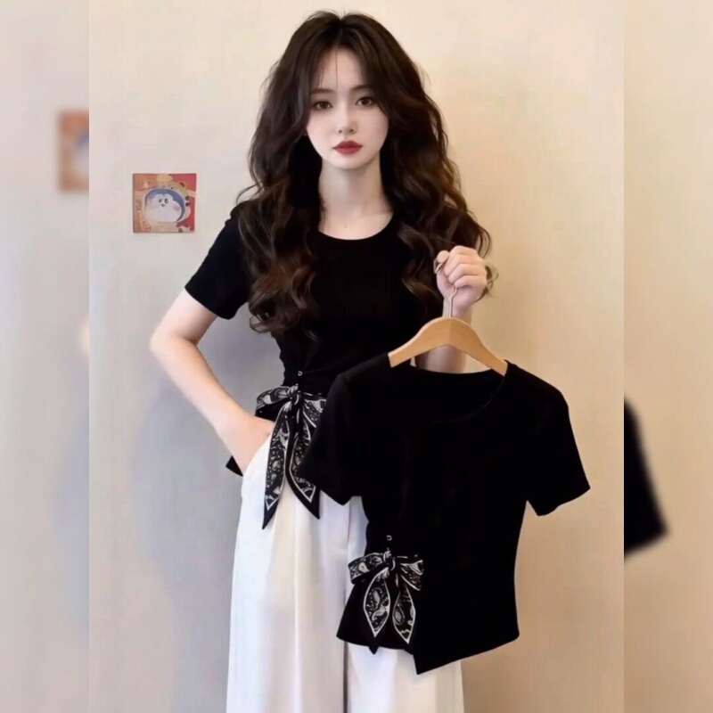 Black Design-Inspired Lace-Up Waist-Cinching Irregular Short-Sleeve T-Shirt 2026 Spring/Summer Unique Versatile Slimming Fashion Top