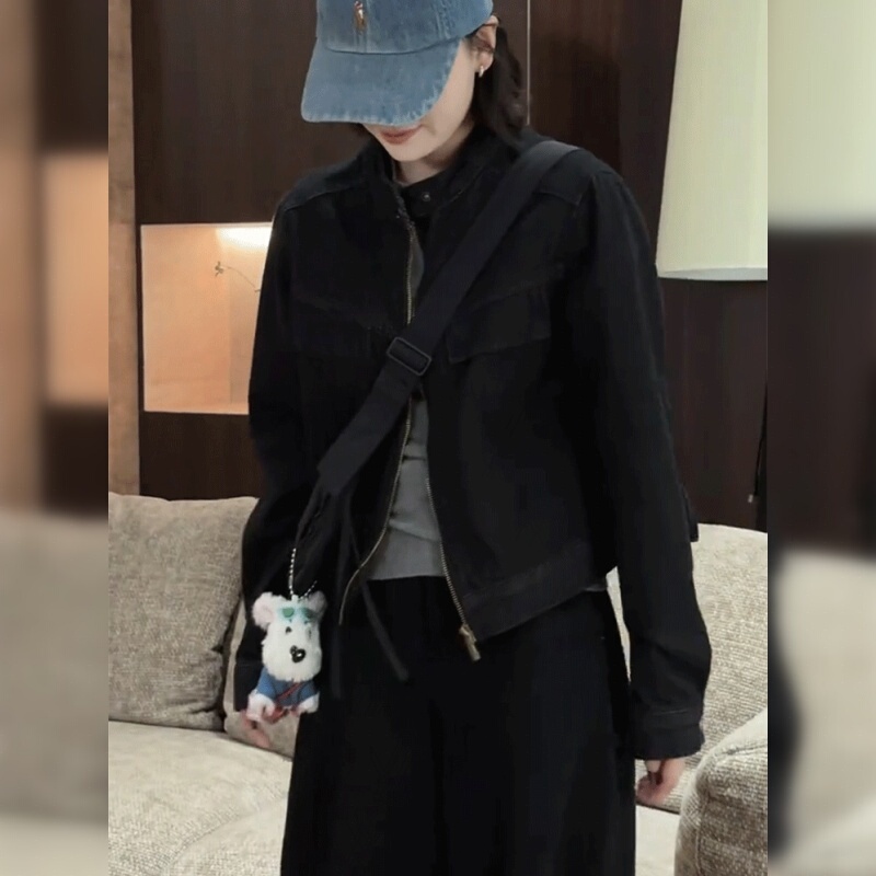 Black Stand-Up Collar Short Denim Jacket for Women, Trendy and Stylish Casual Jacket Top for Spring and Autumn 2026