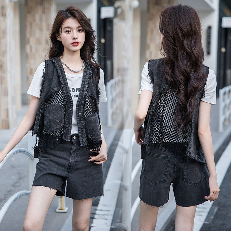 Trendy Street Style Denim Vest for Women 2026 Spring/Summer New Mesh Patchwork Washed Vintage Short Vest
