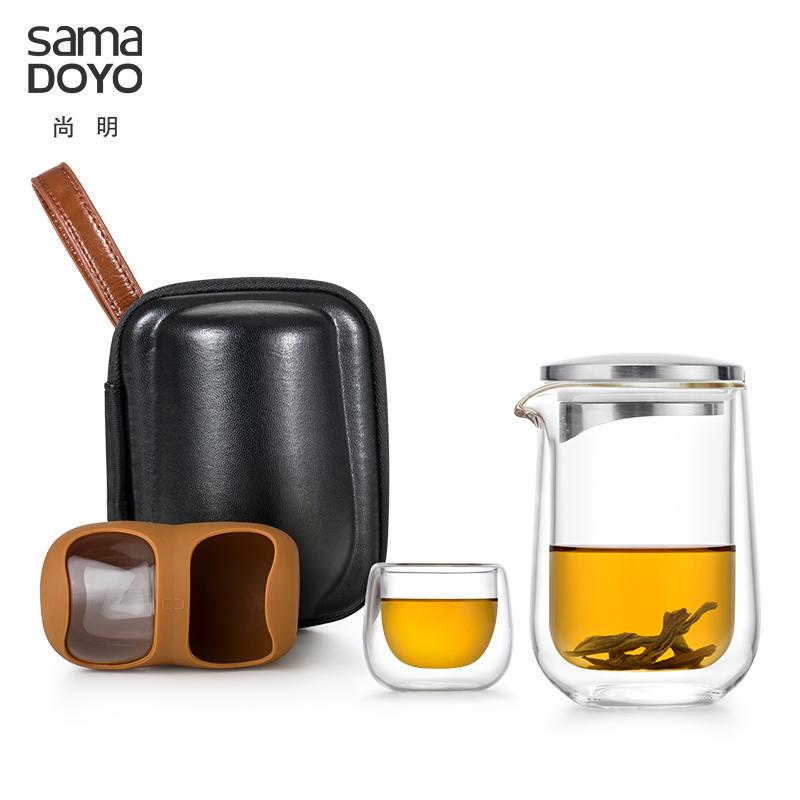 Chamming glass travel tea set Set of tea set Double one pot of two L005 heat insulation and burn-proof hand grip jug tea brewer-Taobao