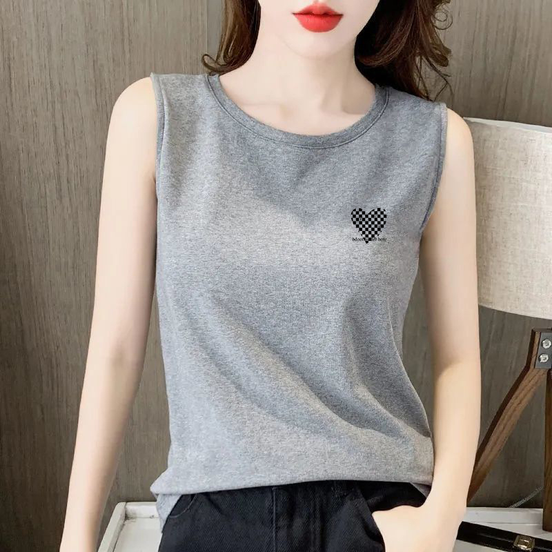 Round Neck Camisole for Women, Summer Outerwear, Fresh and Stylish, Korean Style Loose Fit, Slimming Base Layer, Gray Sleeveless Pure Cotton Top