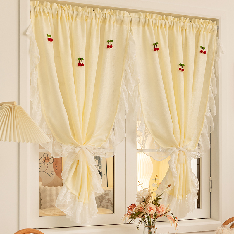 French-Style Cream-Colored Sheer Curtains with Lace Ruffles for Girls, Princess-Style Small Curtains, No-Drill Bay Window Door Curtains, Partition Short Curtains