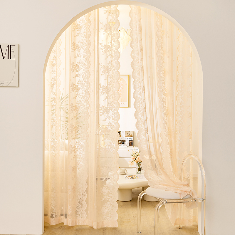 Cream-Colored Sheer Curtain Arch Door Curtain Partition Curtain No-Drill Installation with Magic Tape French Lace Curtain for Girls' Bedroom