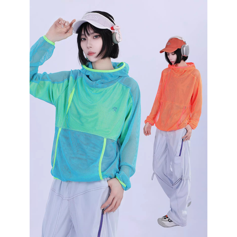 Mountain-Style Hollow-Out Mesh Color-Block Hooded Lightweight Breathable Sports Sun-Protection Quick-Dry T-Shirt Dopamine Top