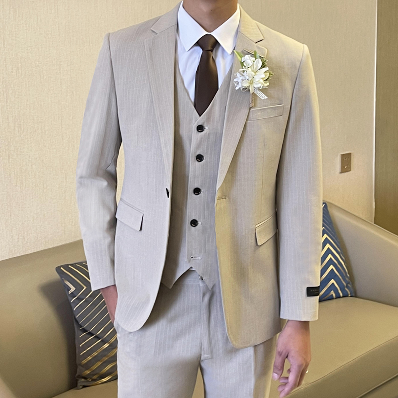 1314suit ウェディングスーツ メンズスーツ アプリコットストライプ フォーマルスーツ スリムフィット 英国スタイル 新郎 ウェディングドレス