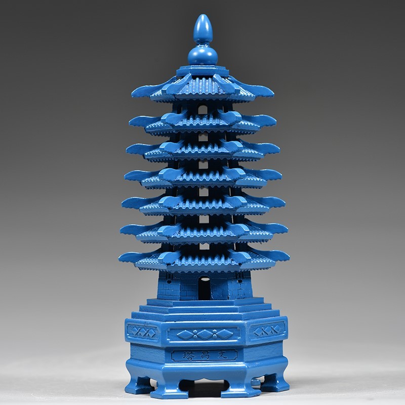 蓝色桃木质雕刻7层文昌塔摆件9层13层文昌塔客厅玄关装饰工艺品