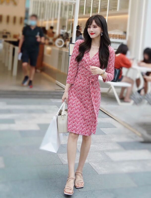 Pg Dvf Spring and Summer New Product Orange-Red Woven Pattern V-Neck Slim Fit Wrap Dress