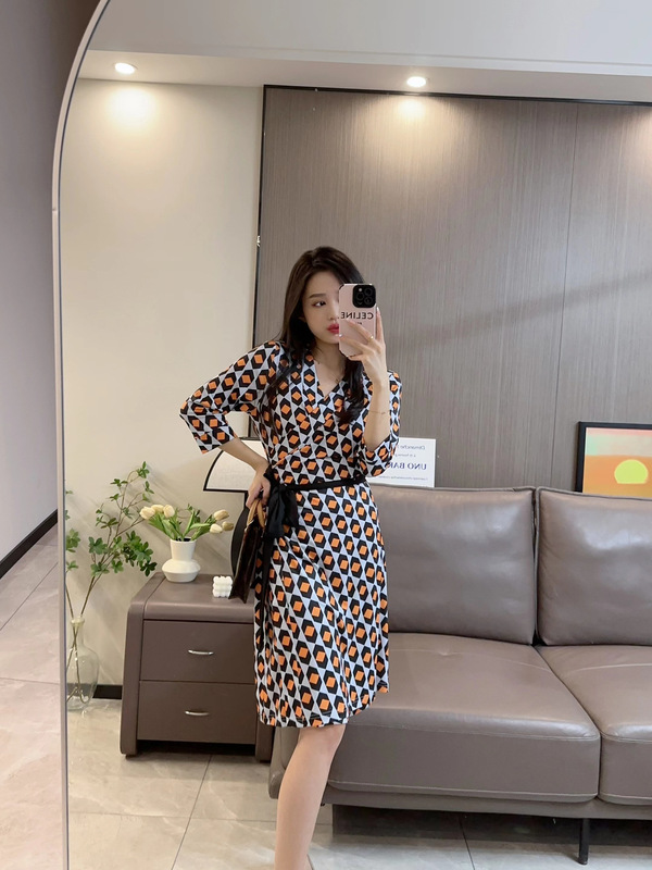 Pg Dvf Year-Round Blue Plaid One-Piece Wrap Dress Short Style