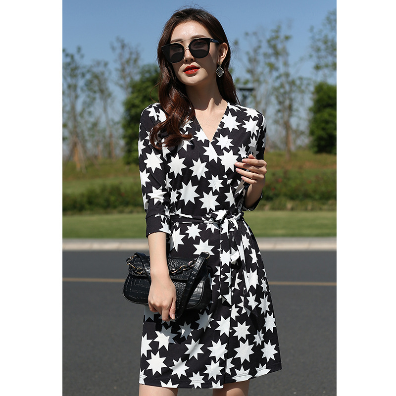 Pg Dvf Wrap-Around Skirt Summer Korean Style New Black Base Octagonal Star Print Fashionable Slim-Fit Elegant Dress
